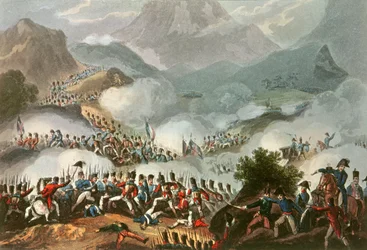 Slaget i Pyrenæerne, 28. juli 1813, fra «Storbritanniens og dets allieredes militære bedrifter fra 1799 til 1815», af James Jenkins, graveret af Thomas Sutherland (f. ca. 1785) (koloreret gravure)